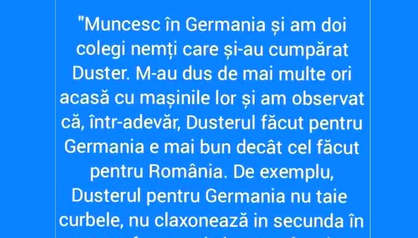 Bancul de vineri | De ce DUSTERUL făcut pentru Germania e mai bun decât cel făcut pentru România