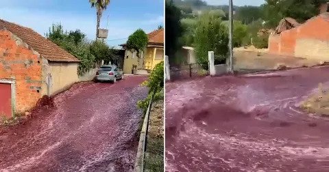 Un orășel din Portugalia a fost vopsit în roșu cu vin