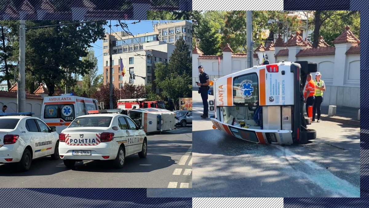 O ambulanță aflată în misiune s-a răsturnat. Două persoane au fost rănite